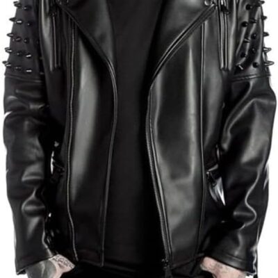 Men  Notch Lapel Collar Punk Studded  Real Motorbike Black Leather Jacket Rider Rock Classic Streetwear