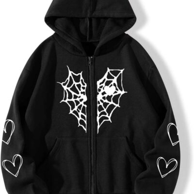 Oversized Y2K Zip Up Hoodie for Women Men Gothic Spider Web Heart Graphic Sweatshirt Punk Harajuku Alt  Streetwear