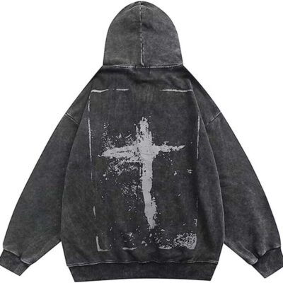 Gothic Cross Print Hoodie Y2K Washed and Aged Print Hooded Sweatshirt Man and Woman , Harajuku Pullover