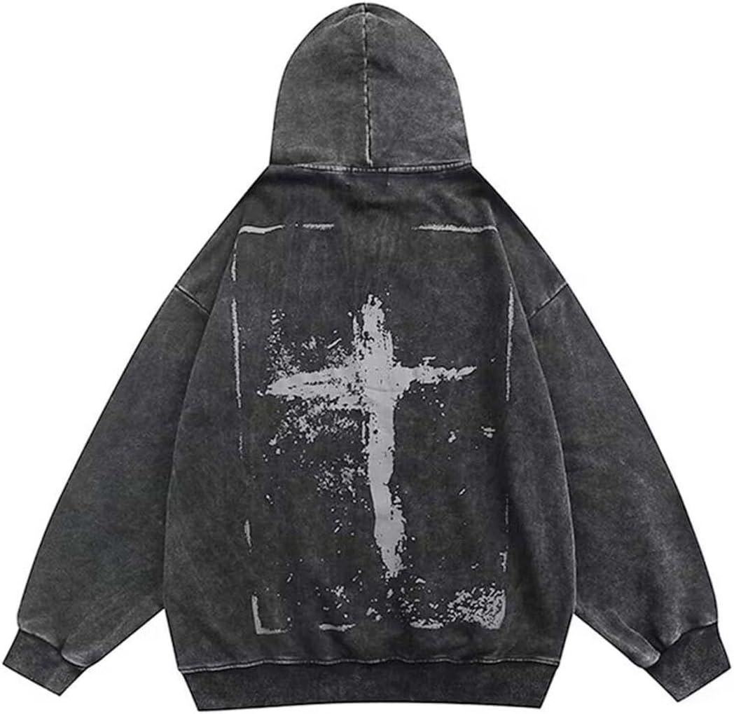 Gothic Cross Print Hoodie Y2K Washed and Aged Print Hooded Sweatshirt Man and Woman , Harajuku Pullover