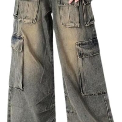 Baggy Cargo Pants for Women Girls Wide Leg Jeans Y2k Hip Hop Streetwear Low Rise Oversized Jeans Grunge Clothes Blue