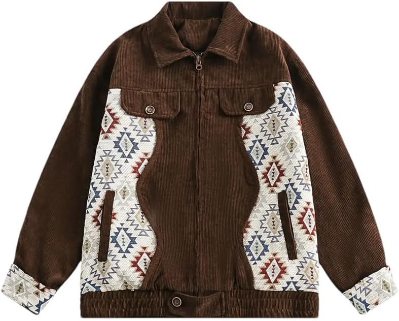 Men and Women Hip Hop Streetwear Jacket Coffee Corduroy Jacket Ethnic Style Patchwork Couple Coats