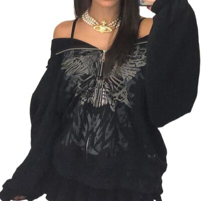 Women Zip Up Hoodie Y2k Vintage Graphic Oversized Hooded Sweatshirt Jacket Pullover Coats Harajuku Streetwear