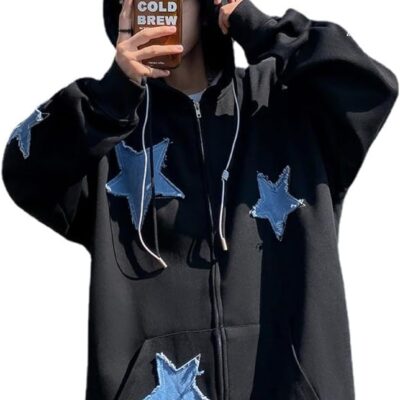 Men Star Patch Zip Up hoodie for Men Women Graphic Hoodies Y2K Oversized Sweatshirt Jacket Streetwear