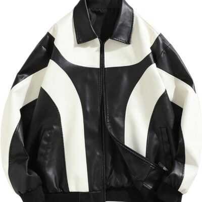 Men's Y2k PU Leather Jacket Color Block Motorcycle Coat Zip Up Long Sleeve Outerwear with Pockets Streetwear