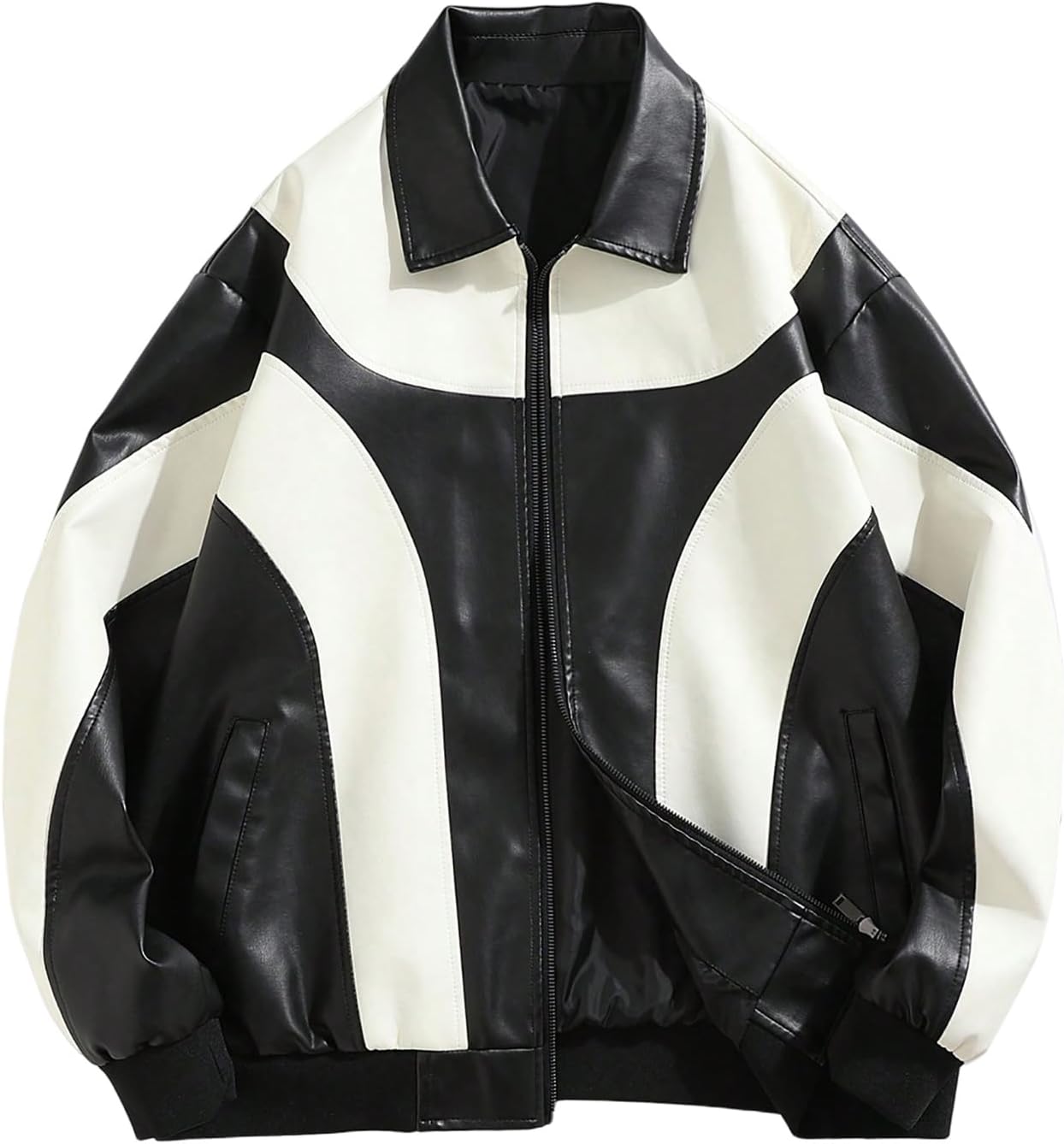 Men's Y2k PU Leather Jacket Color Block Motorcycle Coat Zip Up Long Sleeve Outerwear with Pockets Streetwear