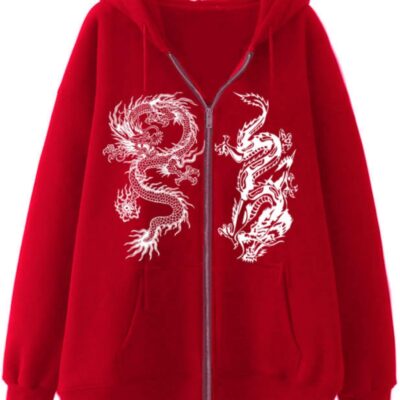 Women Men Y2K Zip Up Oversized Hoodie Gothic Dragon Graphic  Alt Baggy Fleece Jacket 90s Punk Streetwear
