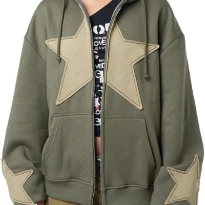 Y2k Zip Up Hoodie for Women Men Star Graphic Long Sleeve Hooded Jackets Grunge Vintage Aesthetic Hoodies Streetwear