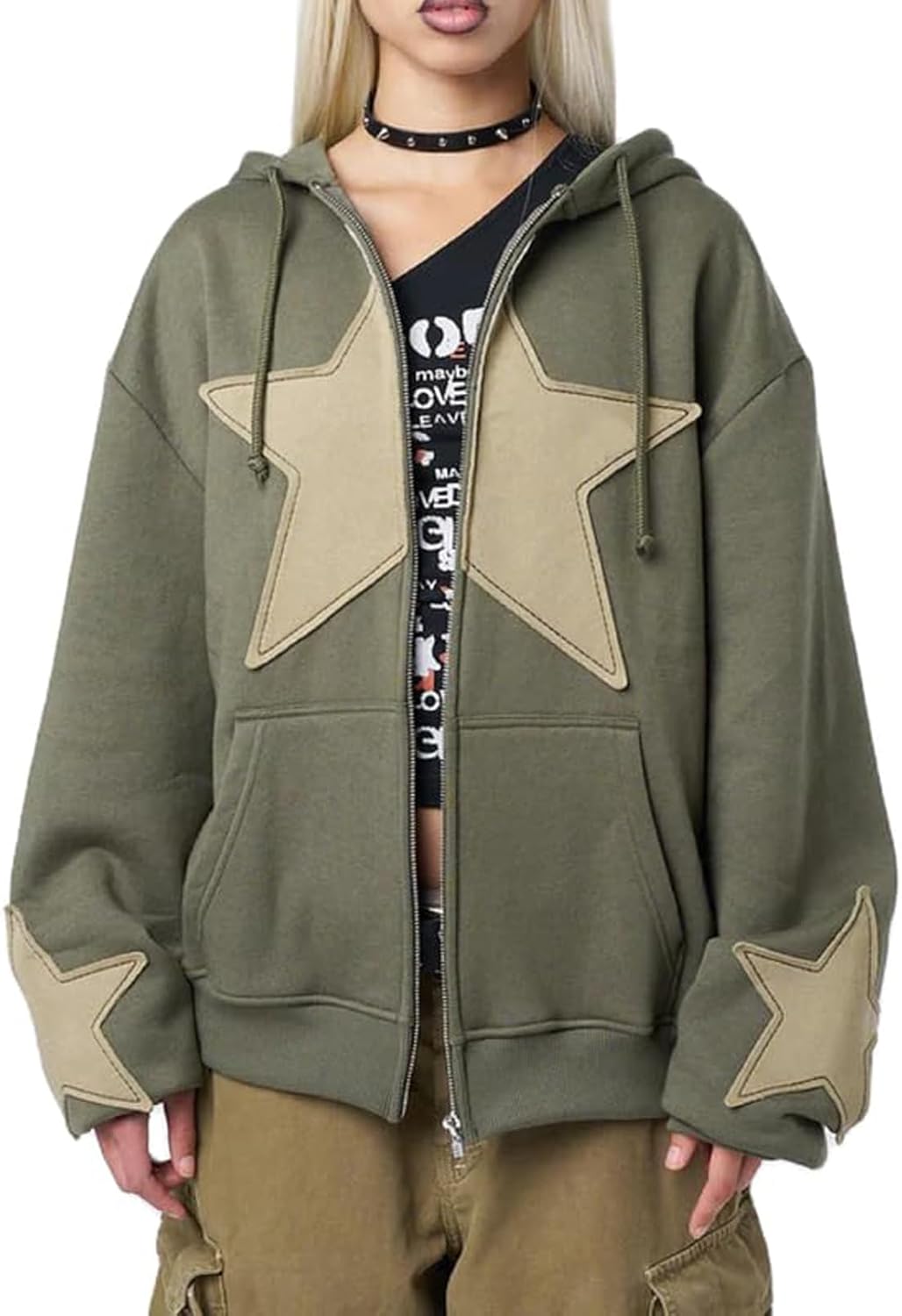 Y2k Zip Up Hoodie for Women Men Star Graphic Long Sleeve Hooded Jackets Grunge Vintage Aesthetic Hoodies Streetwear
