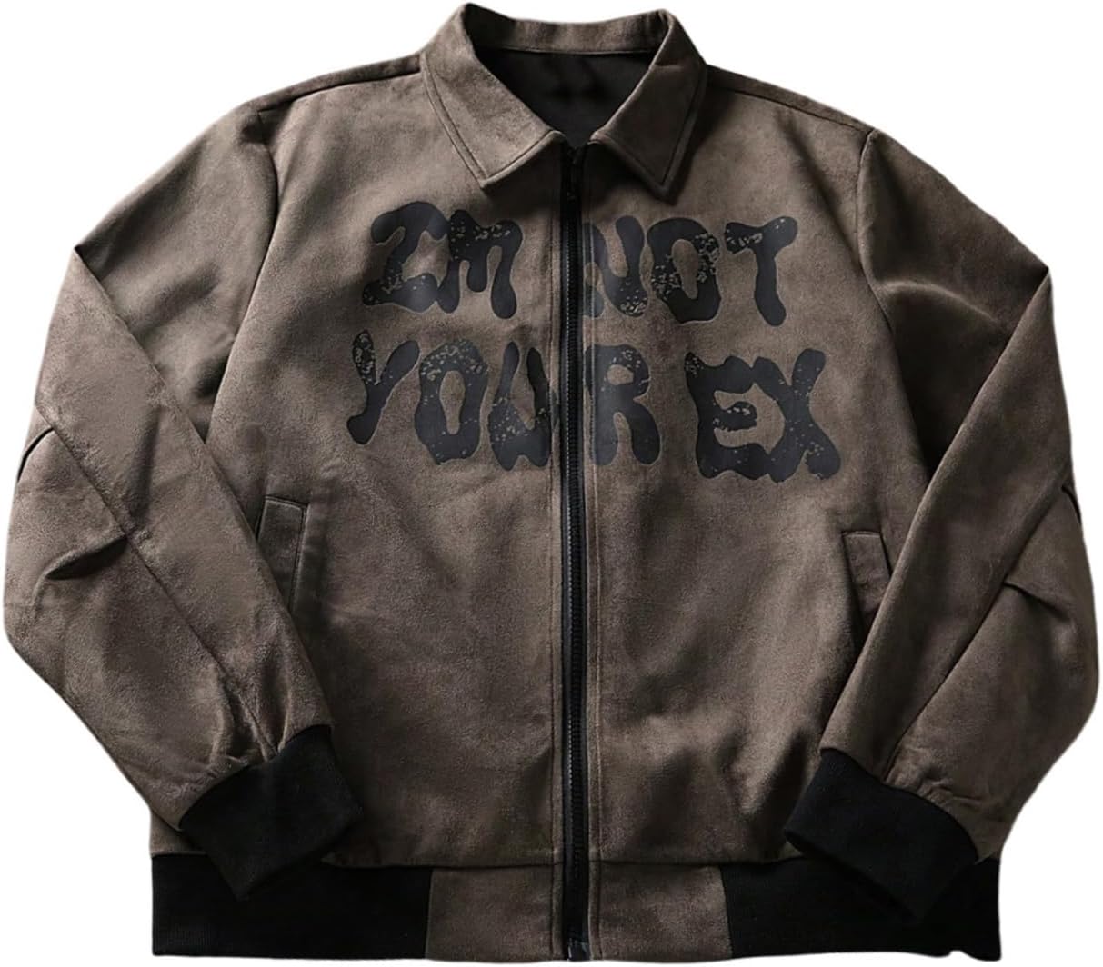 Men's Y2K Faux Suede Jacket Graphic Lightweight Bomber Jackets Oversized Zip Up Vintage Long Sleeve Coats Streetwear