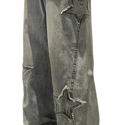 Men Graphic Baggy Jeans Star Patched Wide Leg Loose Y2k Denim Jeans Streetwear