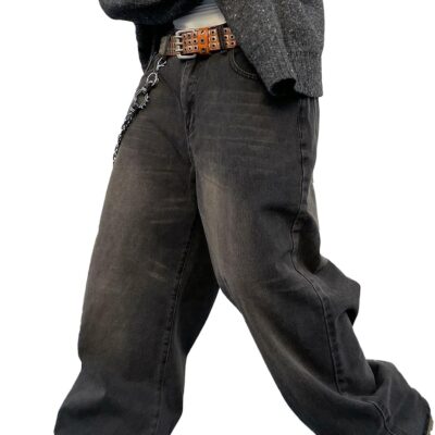 Men Baggy Hip Hop Jeans Wide Leg Skater Denim Pants Casual Loose Fit Long Trousers Streetwear