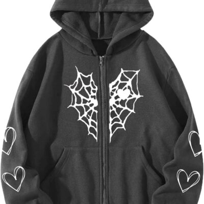 Full Zip Up Hoodies Y2K men Gothic Spiderweb Heart Graphic Hoodie Vintage Punk Harajuku Style Sweatshirts Streetwear