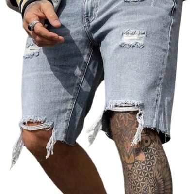 Men Ripped Jean Shorts Streetwear Distressed Straight Leg Summer Denim Shorts