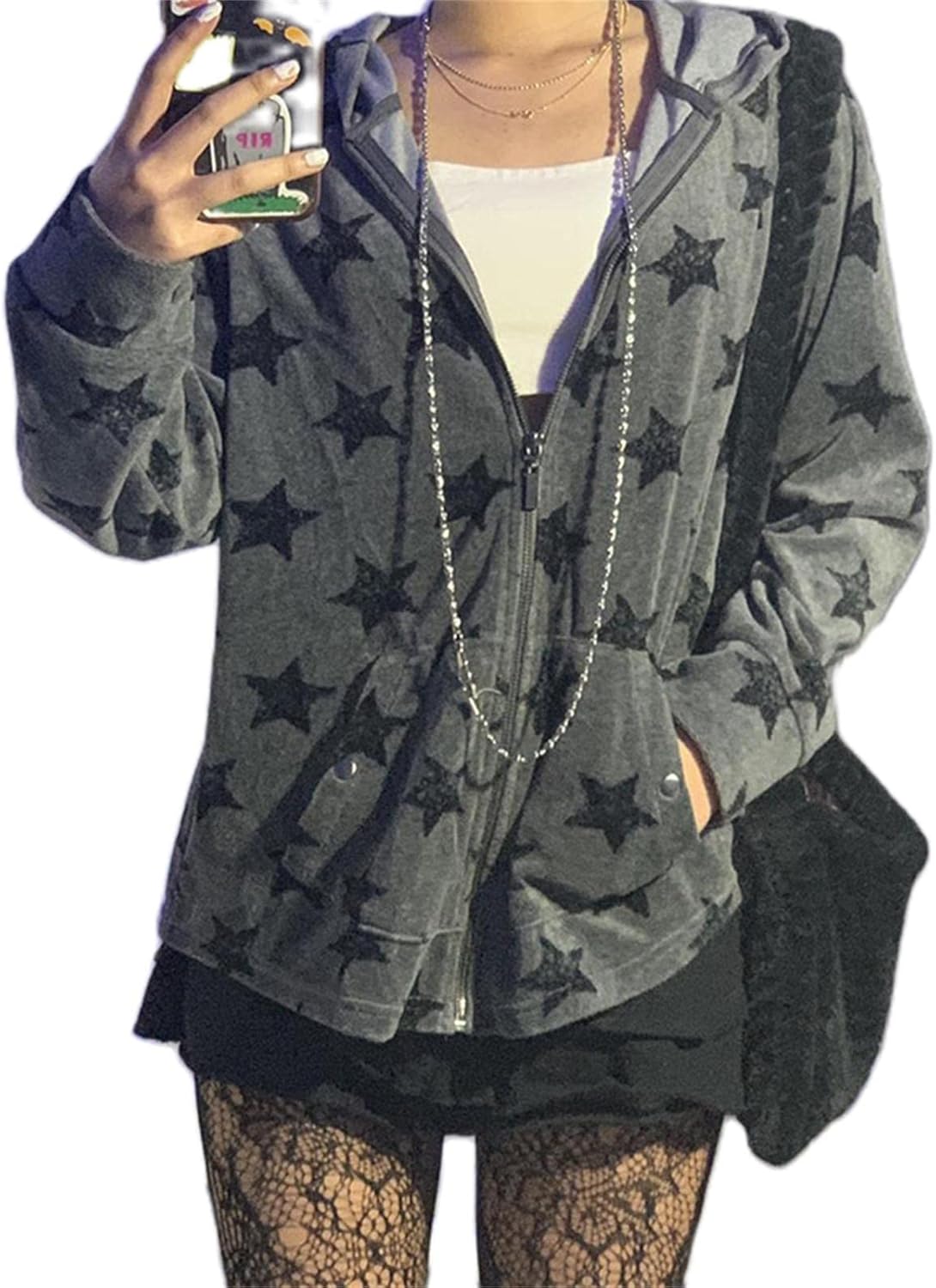 Y2k Zip Up Hoodies for Teen Girls Aesthetic Trendy Oversized Sweatshirt Women Star Graphic Print Jackets