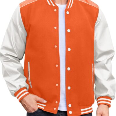 Mens Varsity Jacket Casual Leather Sleeve Baseball Letterman Bomber Jacket Coat