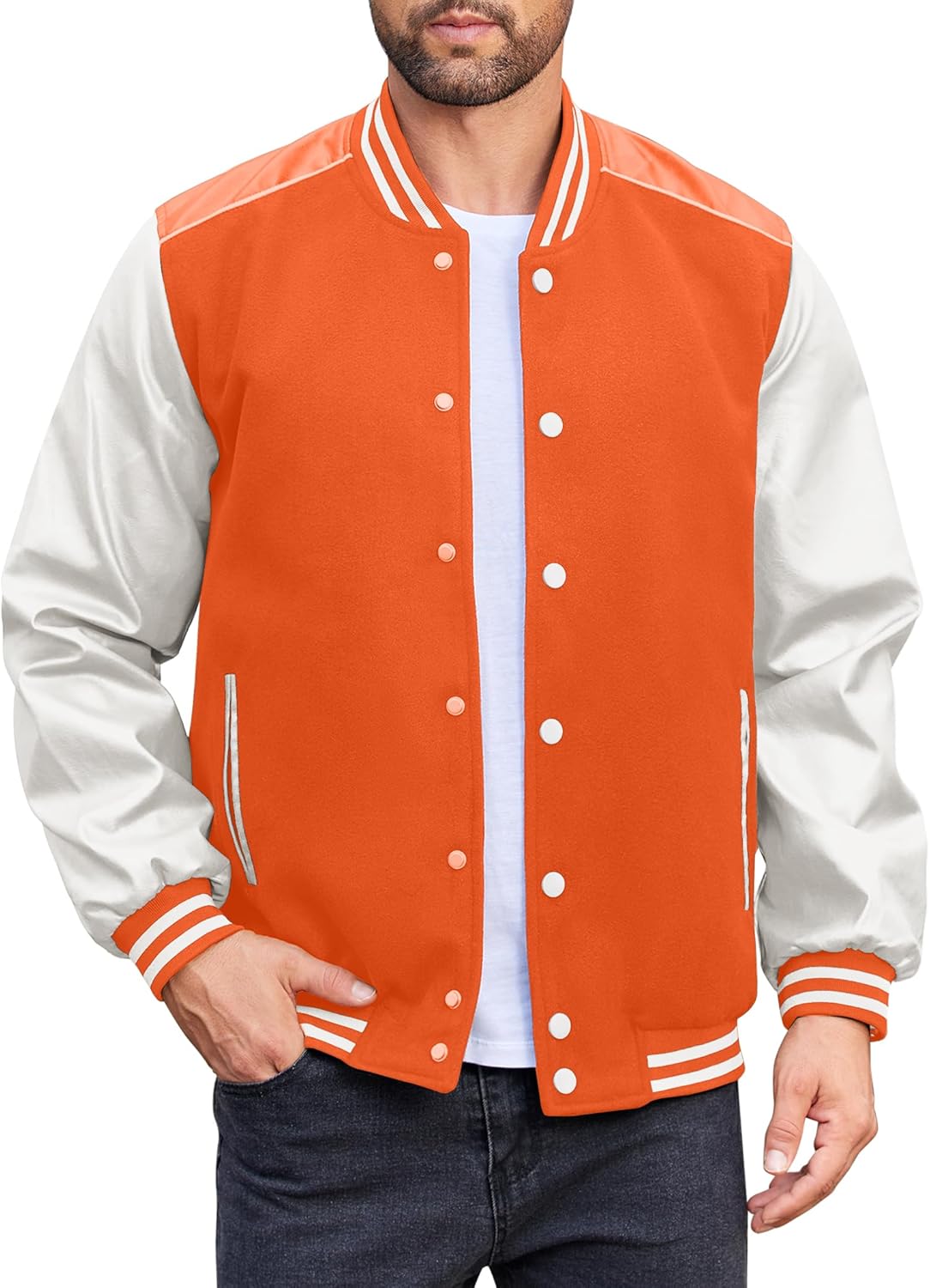 Mens Varsity Jacket Casual Leather Sleeve Baseball Letterman Bomber Jacket Coat
