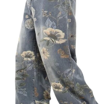 Y2k Baggy Jeans Men Flower Print Graphic Jeans Harajuku Wide Leg Boyfriend Denim Pants Streetwear