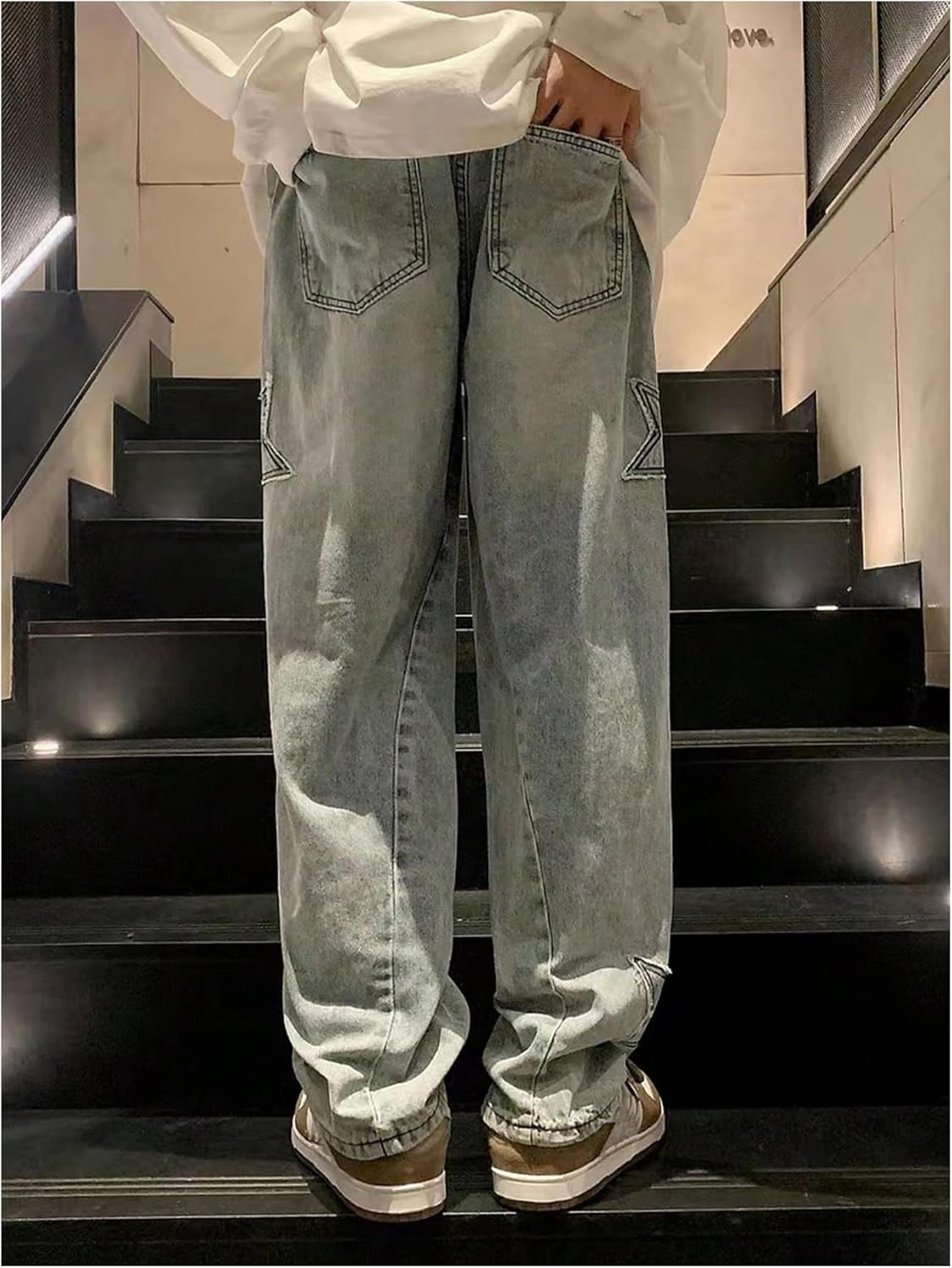 Men Graphic Baggy Jeans Star Patched Wide Leg Loose Y2k Denim Jeans Streetwear - Image 2