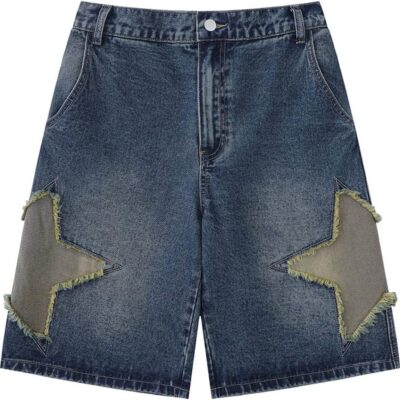 Mens Star Patchwork Denim Shorts Mid Rise Casual Loose Summer Streetwear Unisex Jeans Jorts