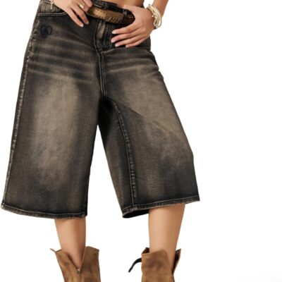 Denim Shorts Women Vintage Washed Long-line Jorts Casual Y2K Baggy Unisex Oversized Streetwear Jeans Shorts