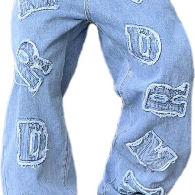 Mens Women Baggy Jeans Patched Letter Badge Wide Leg Denim Pants Y2k Hip Hop Casual Loose Trousers