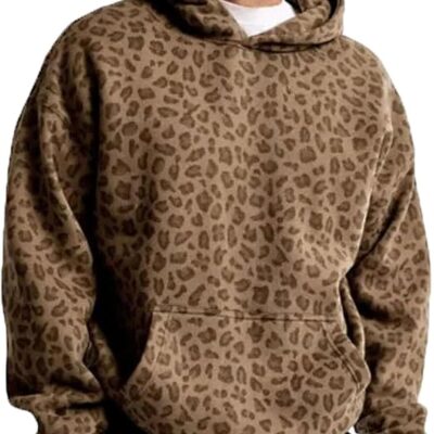 Y2K Leopard Print Hoodies Oversized Cheetah Sweatshirts Vintage Trendy Casual Long Sleeve Pullover With Pockets