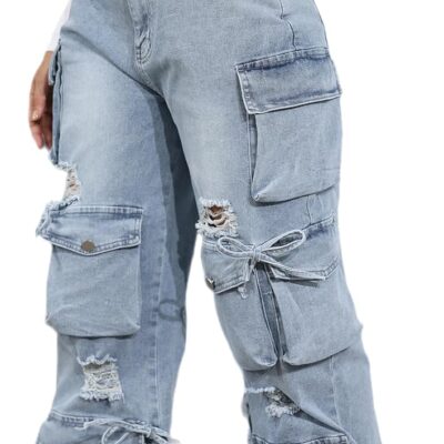 Women Baggy Jeans Y2k Cargo Jeans Casual High Waist Baggy Denim Cargo Pants with Pockets Streetwear