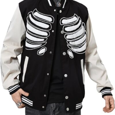 Men's Varsity Jackets Y2k Baseball Bomber Jacket with Bone Graphic